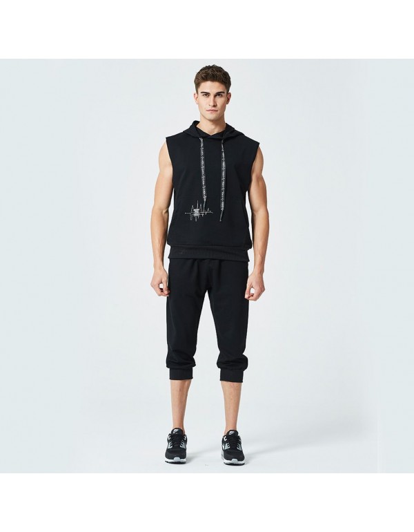 Men 2 Pcs Solid Color Sleeveless Hooded Tops And Pants