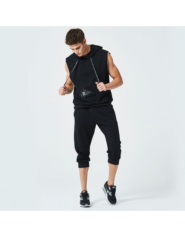 Men 2 Pcs Solid Color Sleeveless Hooded Tops And Pants