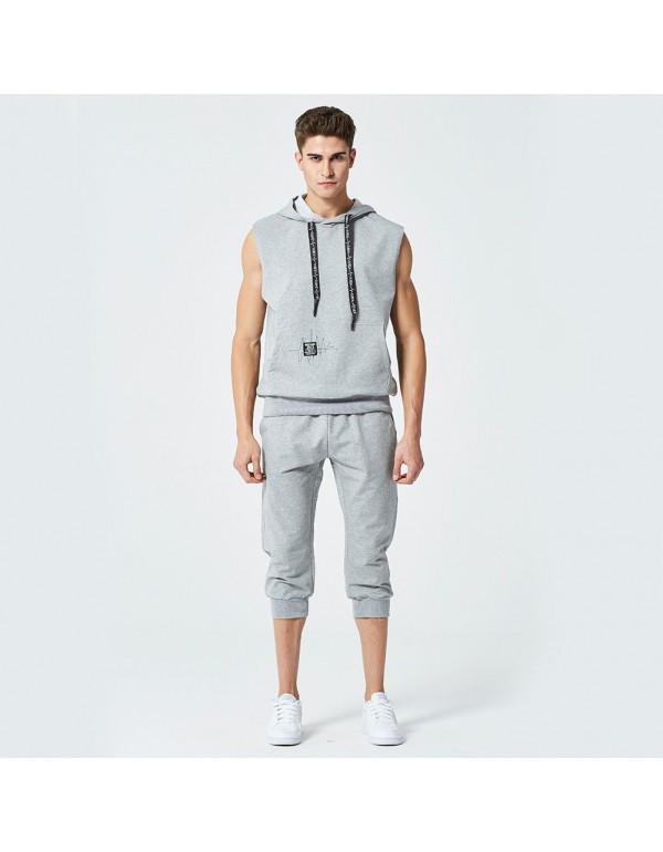 Men 2 Pcs Solid Color Sleeveless Hooded Tops And Pants