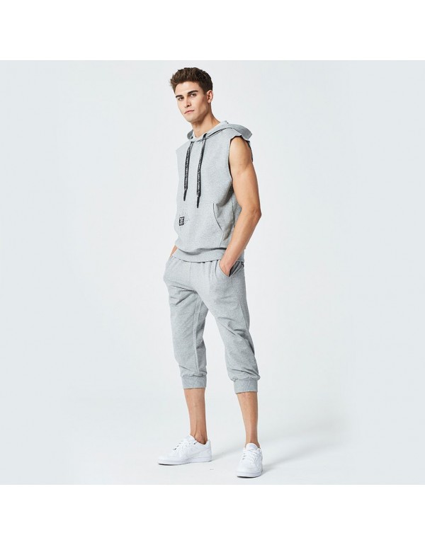 Men 2 Pcs Solid Color Sleeveless Hooded Tops And Pants