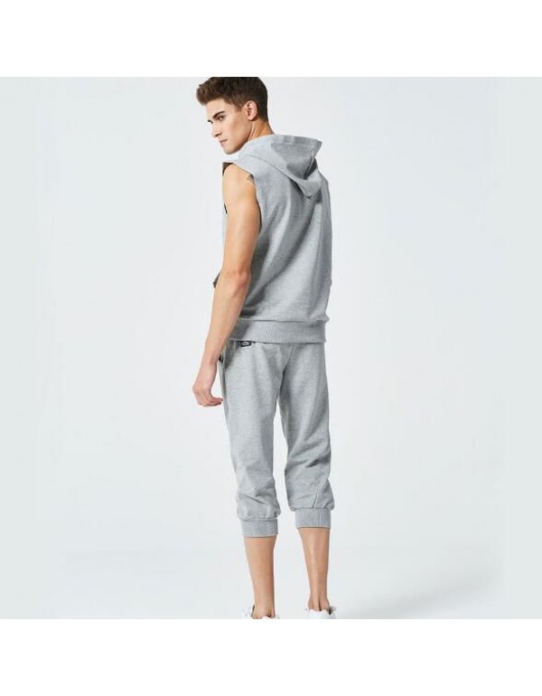 Men 2 Pcs Solid Color Sleeveless Hooded Tops And Pants