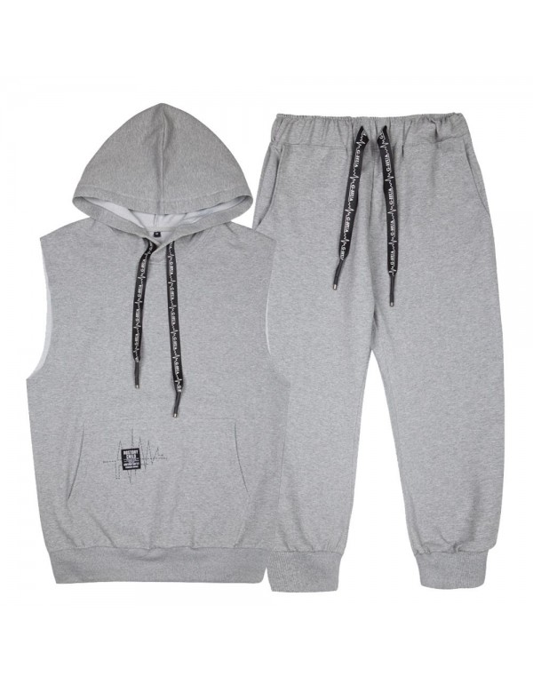 Men 2 Pcs Solid Color Sleeveless Hooded Tops And Pants