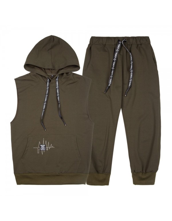 Men 2 Pcs Solid Color Sleeveless Hooded Tops And Pants