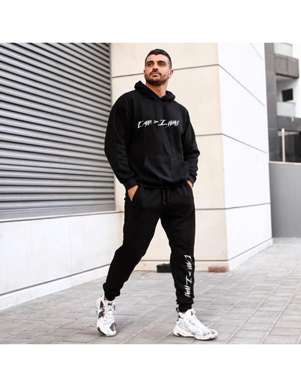 S-3XL Men Casual Letter Print Solid Color ​Long Sleeve Hoodie And Pants Two Pieces Set