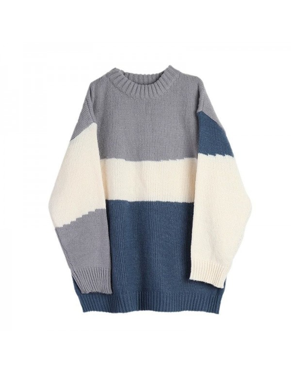 M-2XL Men Fashion Round Neck Color Blocking Long Sleeve Sweater