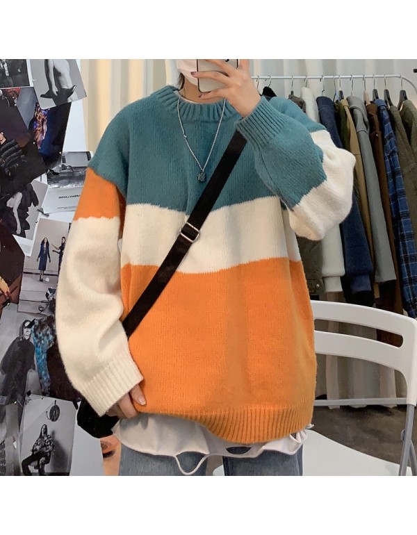 M-2XL Men Fashion Round Neck Color Blocking Long Sleeve Sweater