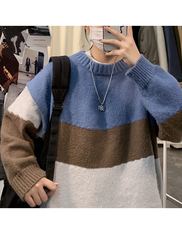 M-2XL Men Fashion Round Neck Color Blocking Long Sleeve Sweater