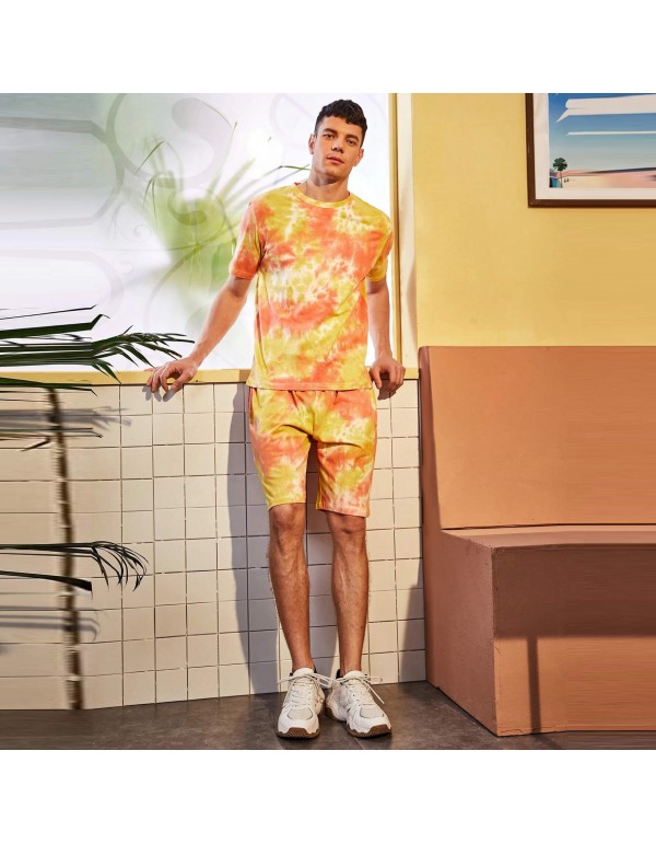 S-XL Men Fashion Tie-dye Short Sleeve T-shirt And Shorts Two Pieces Set