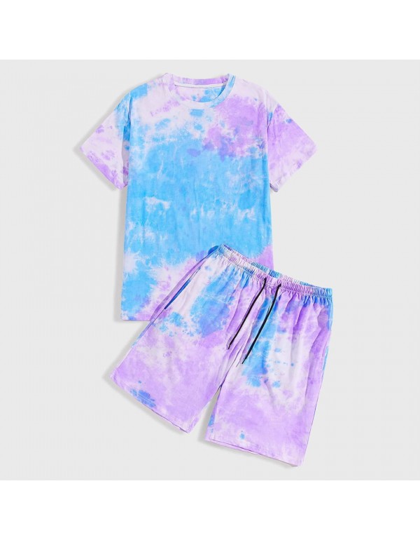 S-XL Men Fashion Tie-dye Short Sleeve T-shirt And Shorts Two Pieces Set