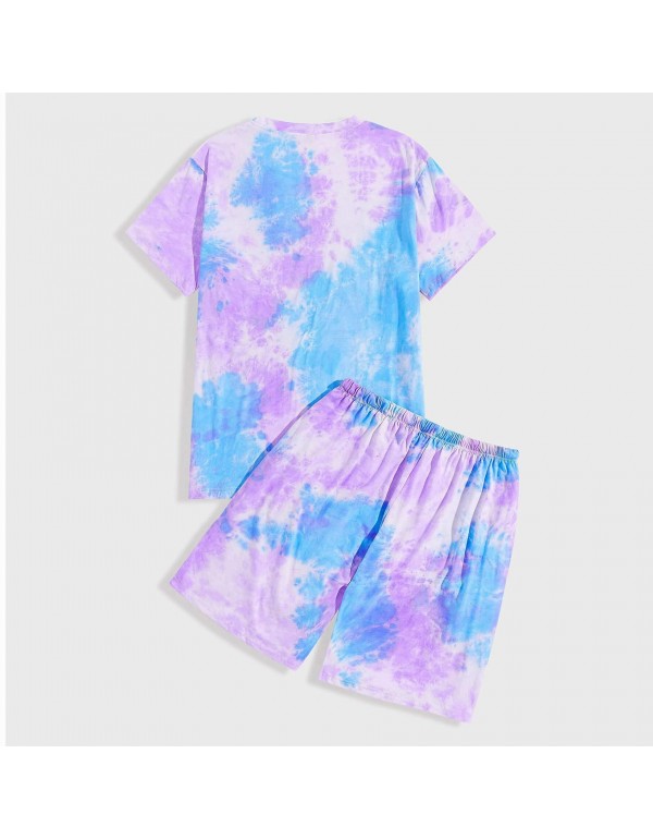 S-XL Men Fashion Tie-dye Short Sleeve T-shirt And Shorts Two Pieces Set