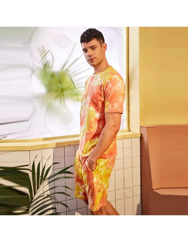 S-XL Men Fashion Tie-dye Short Sleeve T-shirt And Shorts Two Pieces Set