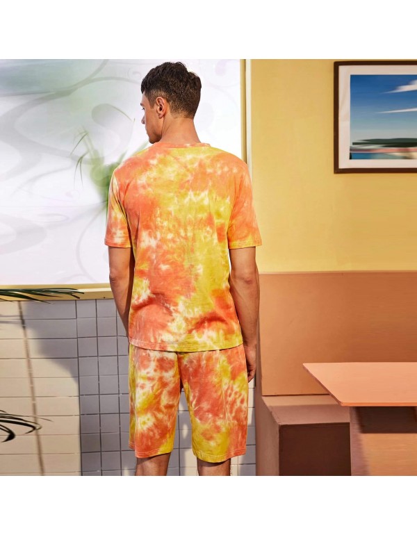 S-XL Men Fashion Tie-dye Short Sleeve T-shirt And Shorts Two Pieces Set