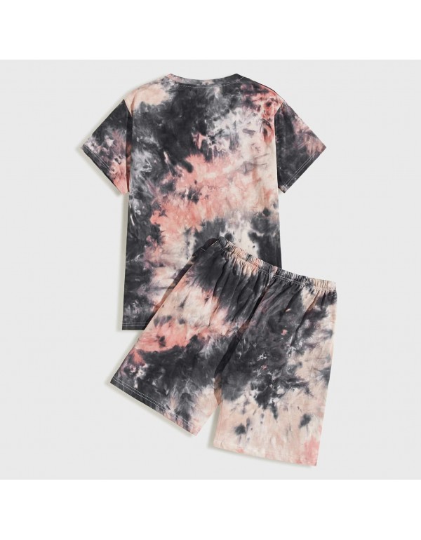 S-XL Men Fashion Tie-dye Short Sleeve T-shirt And Shorts Two Pieces Set