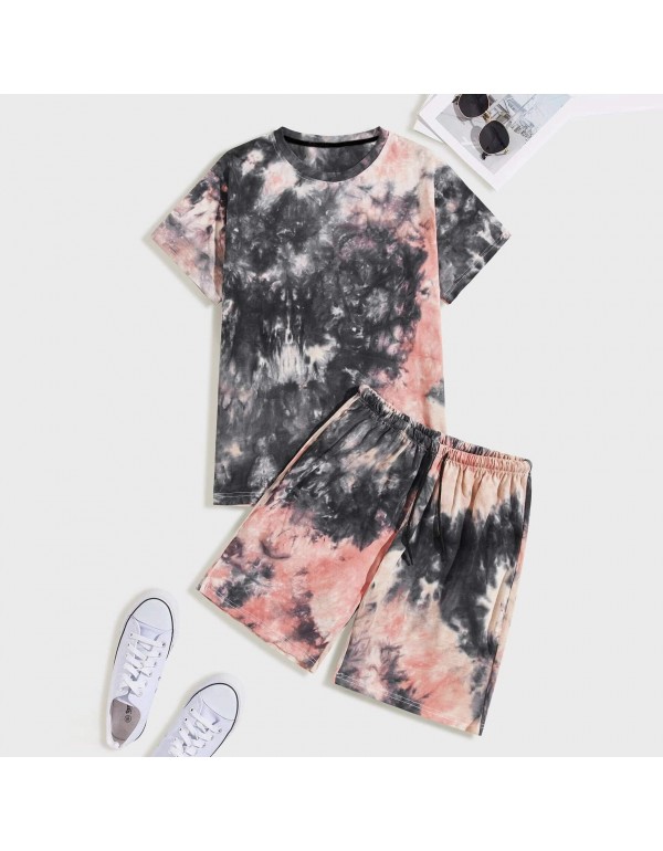 S-XL Men Fashion Tie-dye Short Sleeve T-shirt And Shorts Two Pieces Set