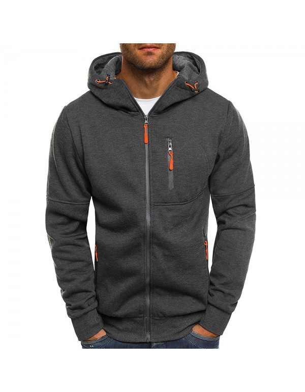 Men Basic Long Sleeve Zipper Pocket Design Hoodie