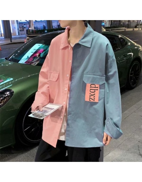 Men Casual Long Sleeve Lapel Single-breasted Multi-pocket Design Color Blocking Letter Printed Shacket