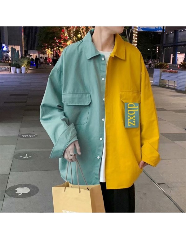 Men Casual Long Sleeve Lapel Single-breasted Multi-pocket Design Color Blocking Letter Printed Shacket