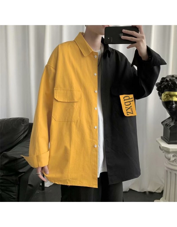 Men Casual Long Sleeve Lapel Single-breasted Multi-pocket Design Color Blocking Letter Printed Shacket