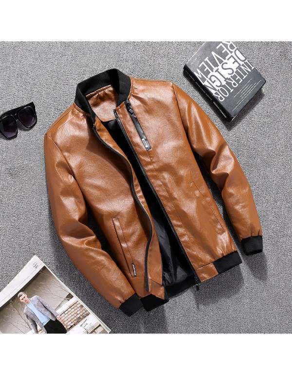 Men Casual Long Sleeve Pocket Design Solid Color Zipper PU Jacket