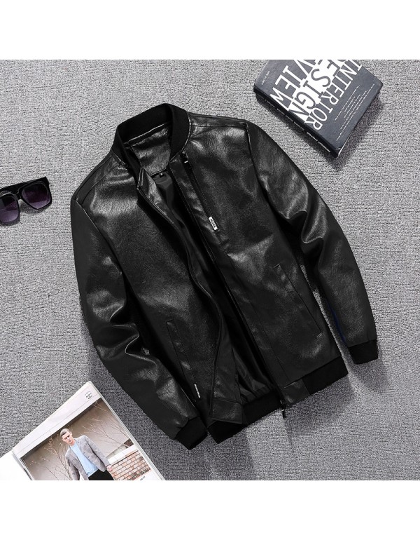 Men Casual Long Sleeve Pocket Design Solid Color Zipper PU Jacket