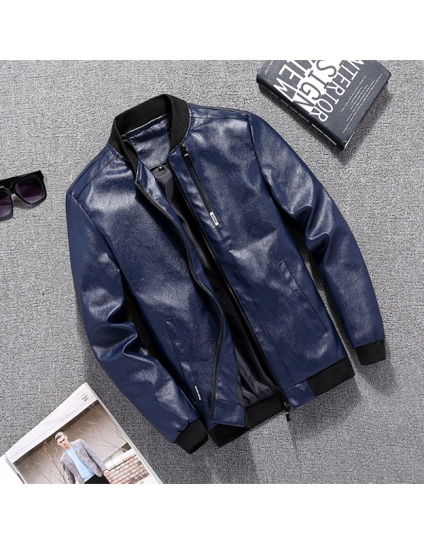 Men Casual Long Sleeve Pocket Design Solid Color Zipper PU Jacket