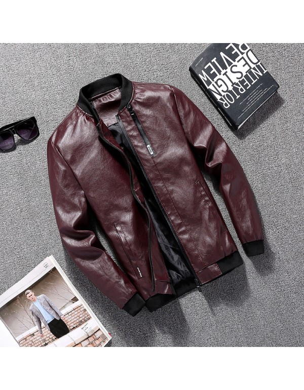 Men Casual Long Sleeve Pocket Design Solid Color Zipper PU Jacket