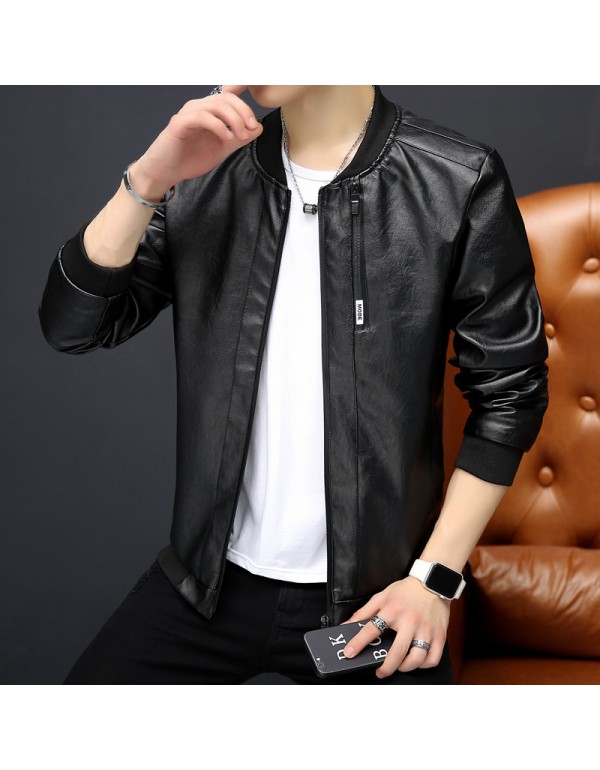 Men Casual Long Sleeve Pocket Design Solid Color Zipper PU Jacket