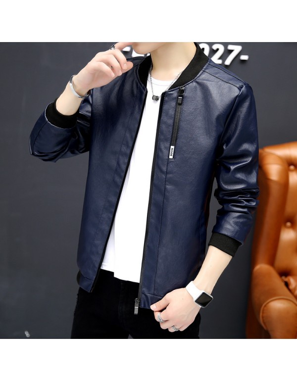 Men Casual Long Sleeve Pocket Design Solid Color Zipper PU Jacket