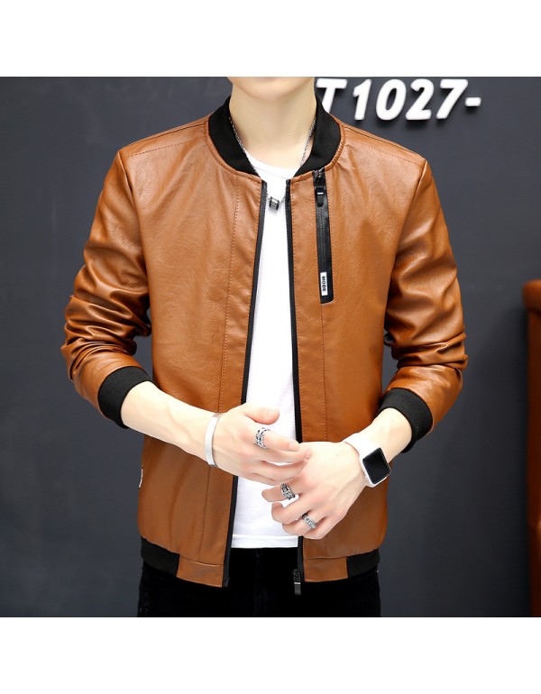 Men Casual Long Sleeve Pocket Design Solid Color Zipper PU Jacket