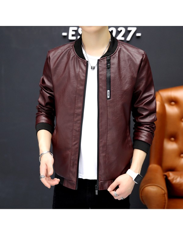 Men Casual Long Sleeve Pocket Design Solid Color Zipper PU Jacket