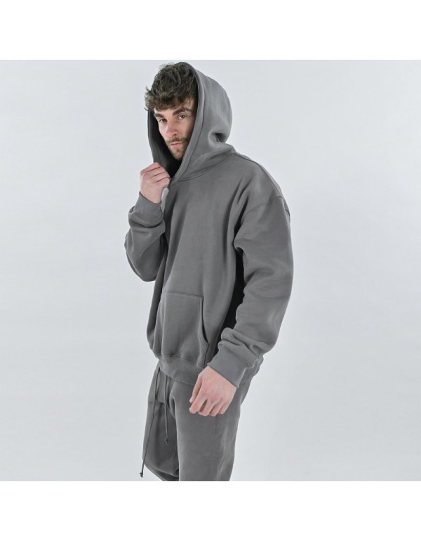 Men Basic Long Sleeve Single-breasted Solid Color Fleece-lined Hoodie