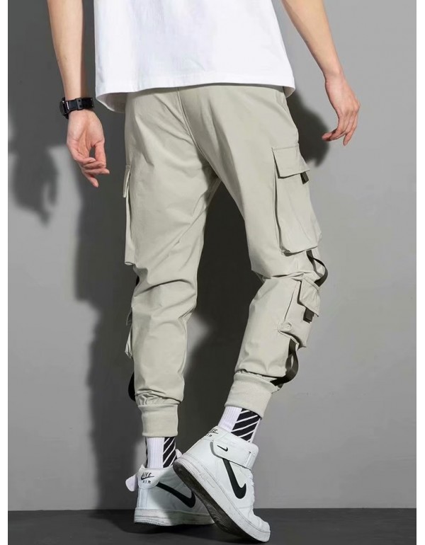 Men Plus Size Casual Mid Waist Drawstring Waist Multi-pocket Design Loose Jogger Pants