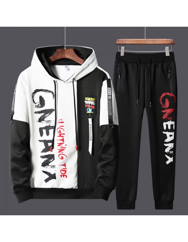 Men Casual Long Sleeve Hat Rope Letter Printed Hoodie And Drawstring Waist Jogger Pants Two-piece Set