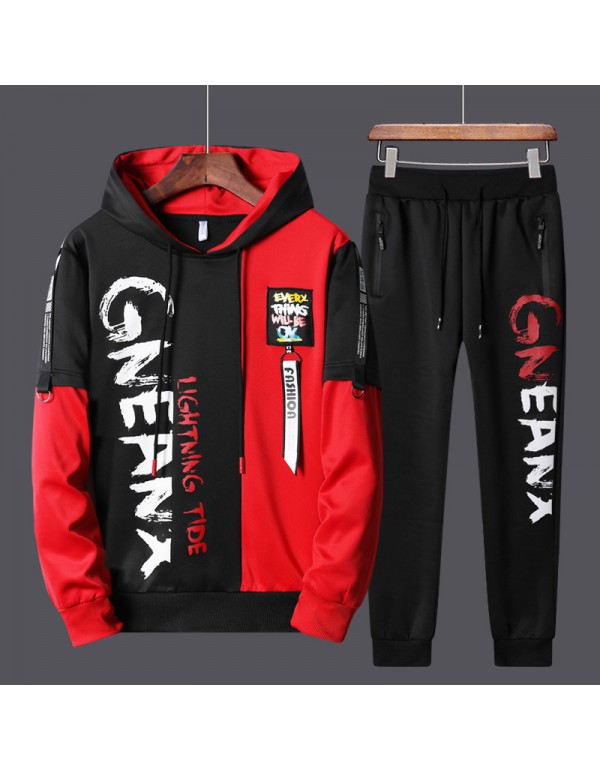 Men Casual Long Sleeve Hat Rope Letter Printed Hoodie And Drawstring Waist Jogger Pants Two-piece Set