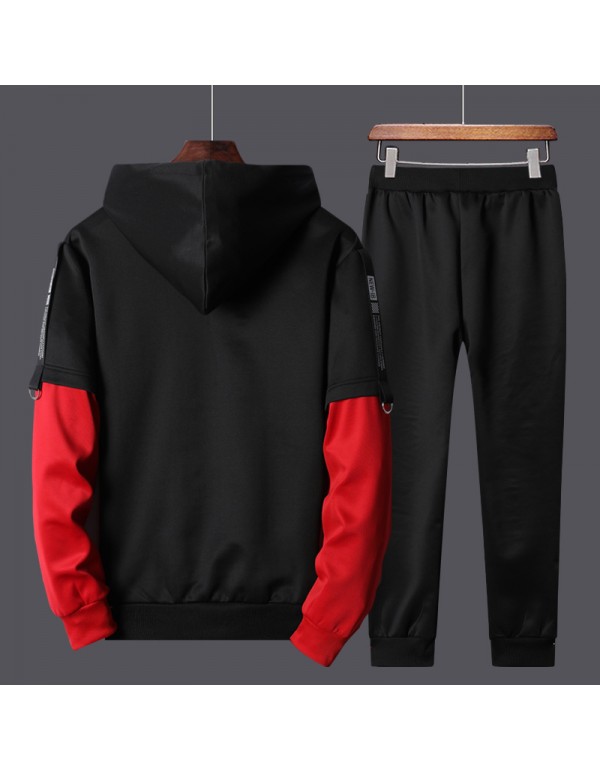 Men Casual Long Sleeve Hat Rope Letter Printed Hoodie And Drawstring Waist Jogger Pants Two-piece Set