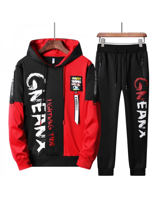 Men Casual Long Sleeve Hat Rope Letter Printed Hoodie And Drawstring Waist Jogger Pants Two-piece Set