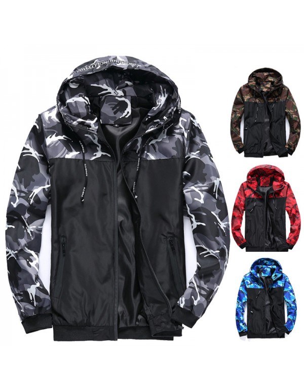 Men Casual Camouflage Patchwork Hooded Loose Jacket