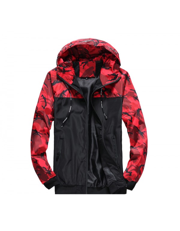 Men Casual Camouflage Patchwork Hooded Loose Jacket