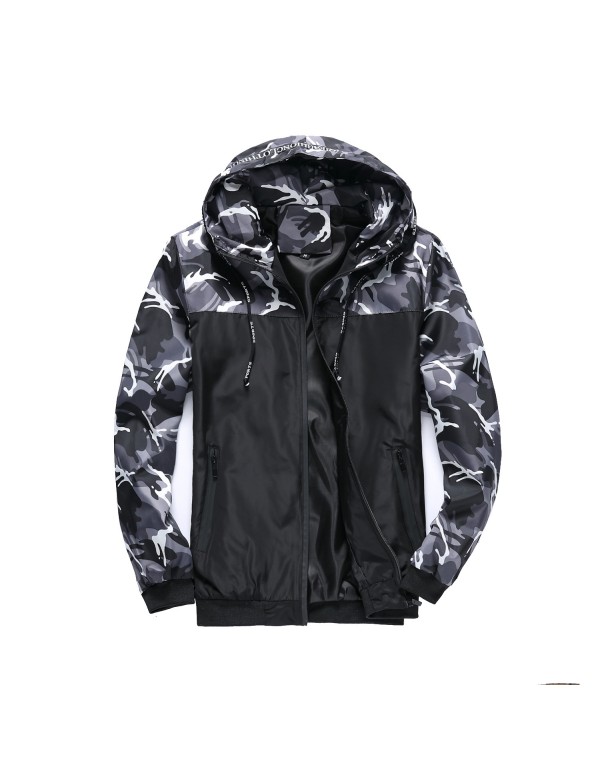 Men Casual Camouflage Patchwork Hooded Loose Jacket