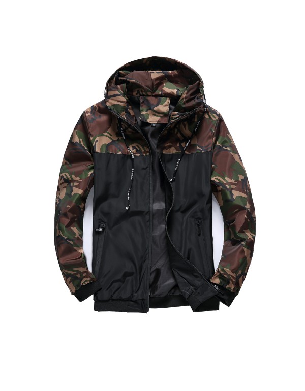 Men Casual Camouflage Patchwork Hooded Loose Jacket