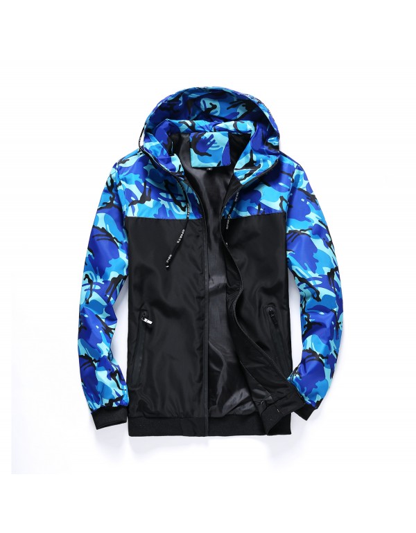 Men Casual Camouflage Patchwork Hooded Loose Jacket