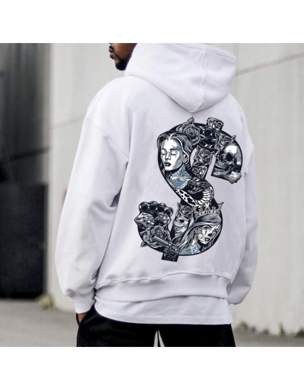 Men Casual Creative $ Skull Weapon Print Hooded Lo...