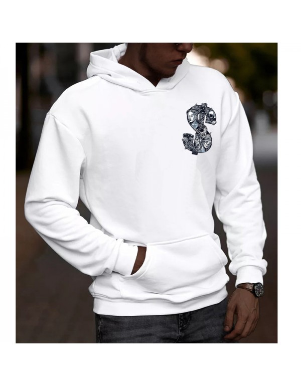 Men Casual Creative $ Skull Weapon Print Hooded Loose Sweatershirt