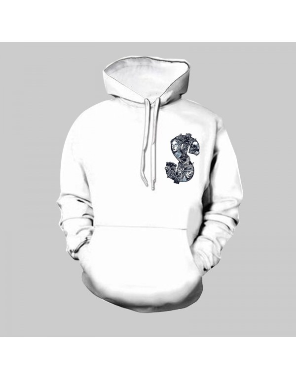 Men Casual Creative $ Skull Weapon Print Hooded Loose Sweatershirt