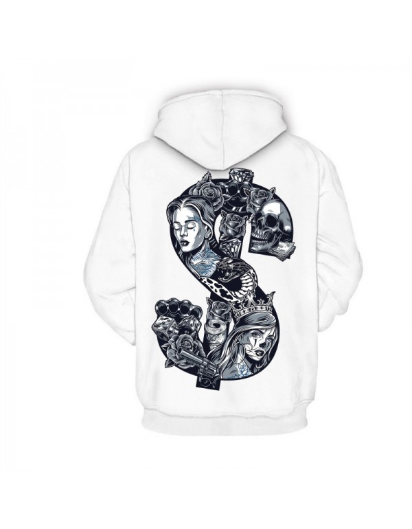 Men Casual Creative $ Skull Weapon Print Hooded Loose Sweatershirt