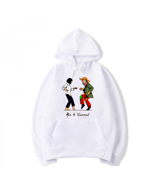 Men Fashion Casual Cartoon Character Dancing Print Hooded Loose Sweatshirt