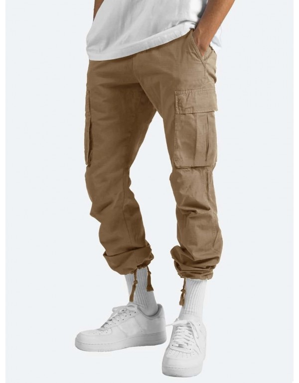 Men Fashion Solid Color Mid Waist Drawstring Multi Pocket Trousers