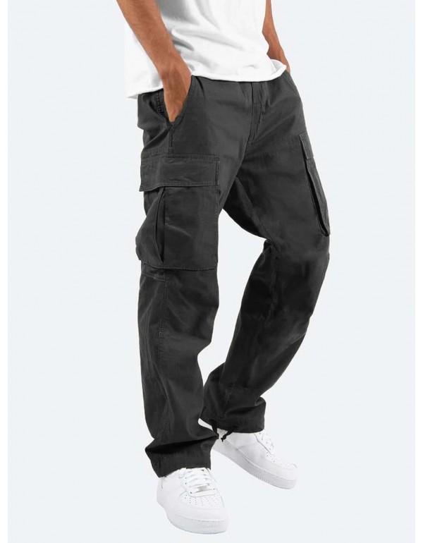 Men Fashion Solid Color Mid Waist Drawstring Multi Pocket Trousers