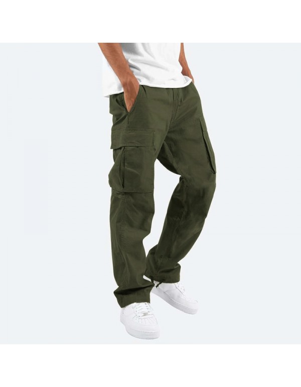 Men Fashion Solid Color Mid Waist Drawstring Multi Pocket Trousers