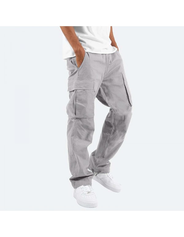 Men Fashion Solid Color Mid Waist Drawstring Multi Pocket Trousers